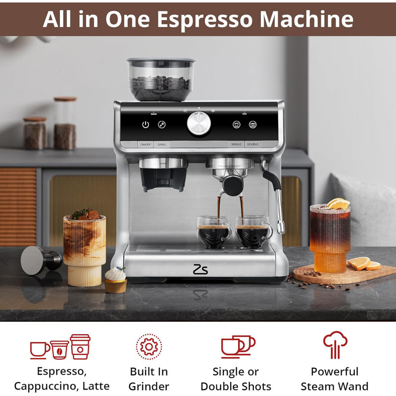 Fashionwu Semi-Automatic Espresso Machine with Frother, Light Grey