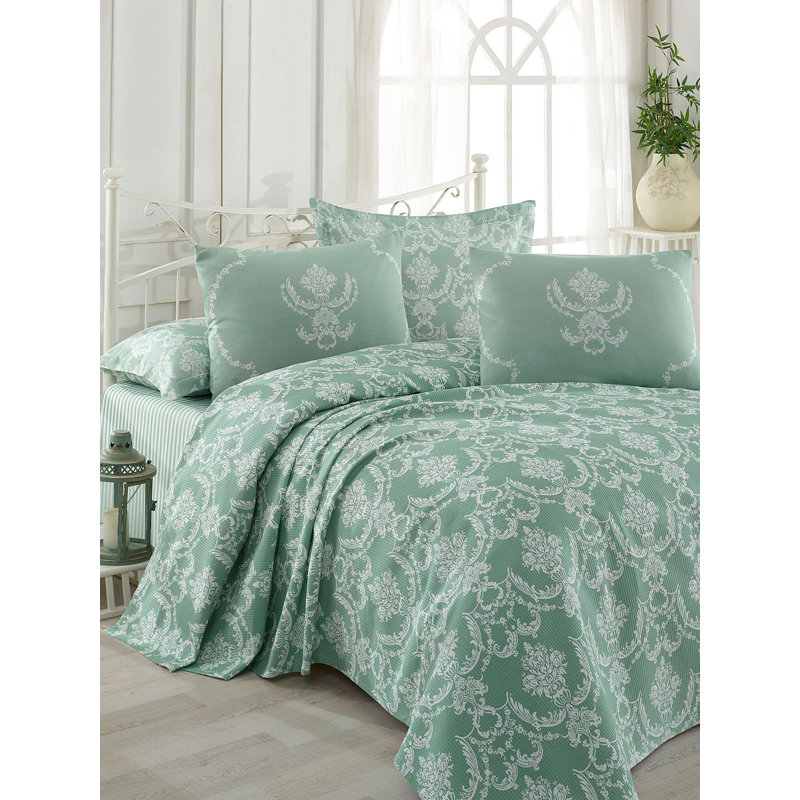 Couvre-lit en coton damassé, Vert aquatique / blanc, Ensemble de courtepointe très grand