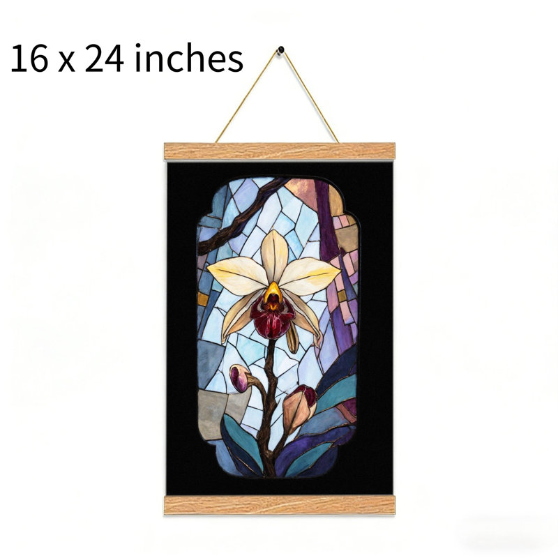 Orchidée vitrail, art mural à volutes suspendues, cintre en bois intégré, 16 x 24