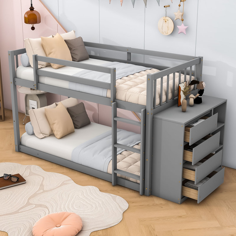 Kialah Space-Saving Bunk Bed With Built-In Storage And Slats, Gray, Twin Over Twin