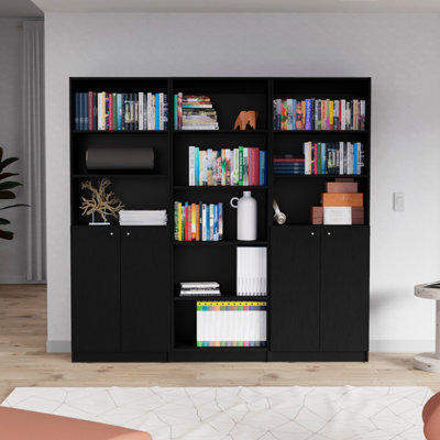 Living Room 3 Piece Bookcase In Black - 4 Shelves & 2 Doors 3 Collection Door Vault