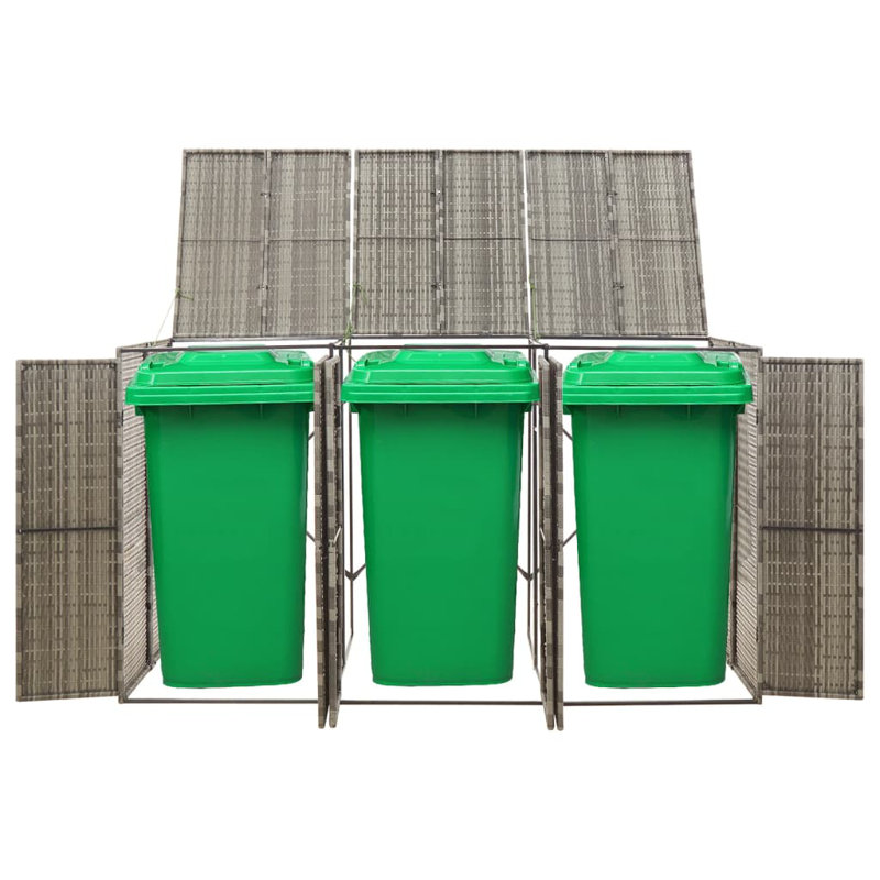 Gray Poly Rattan Triple Bin Shed with Steel Frame