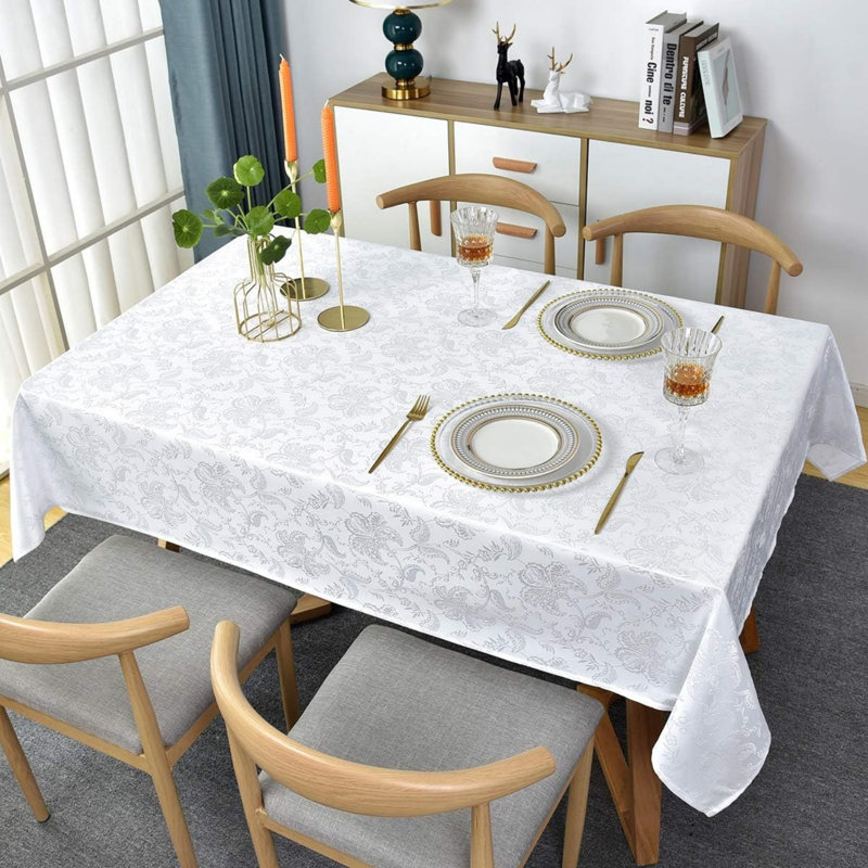 Tablecloth Floral Damask Table Cloth Spill Proof Dust-Proof Wrinkle Resistant Polyester Table Cover(152 x 305 CM (10-12 Seats), White)