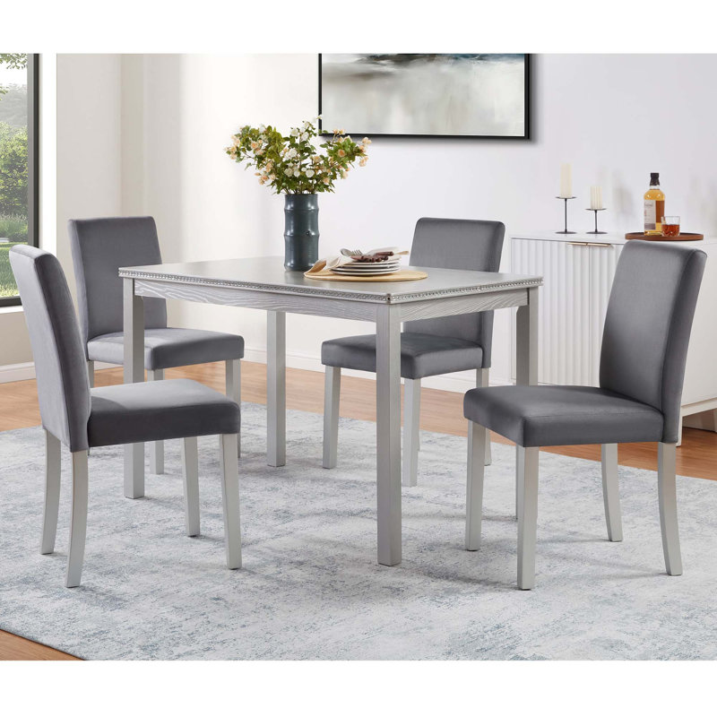 Ensemble 5 pièces de table de salle à manger en bois, table rectangulaire avec décoration en cristal et 4 chaises rembourrées