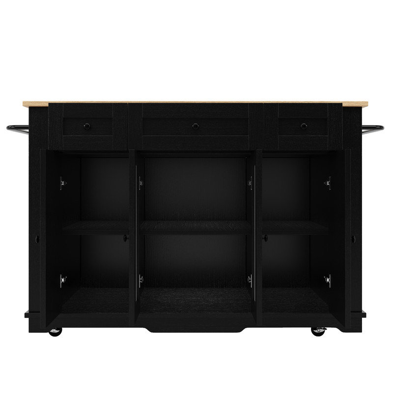 Wood Grain Rolling Kitchen Island Cart with Tempered Glass Cabinet, Foldable Side Top & Removable Dividers, 60x91.7cm, Black