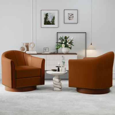 Modern Leather Swivel Barrel Chair with Solid Wood Base（Set of 2)