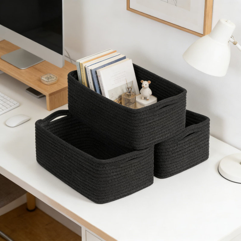 Woven Rope Storage Baskets 3-Pack, Collapsible Organizer Bins For Shelves, Closet, And Home Organization, Rectangular Decorative Baskets For Towels, Toys, And Essentials