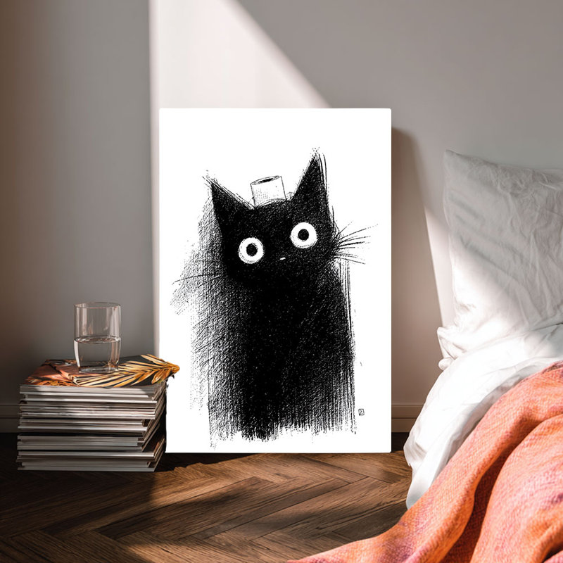 Art sur toile prêt à être accroché à un chat noir avec un chapeau - Loft urbain, H 12 po x l 8 po