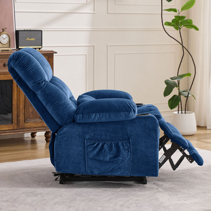 Dual Motor Large Power Lift Recliner Chair With Waist Kneading Heat, Extended Footrest & Cup Holders, Blue
