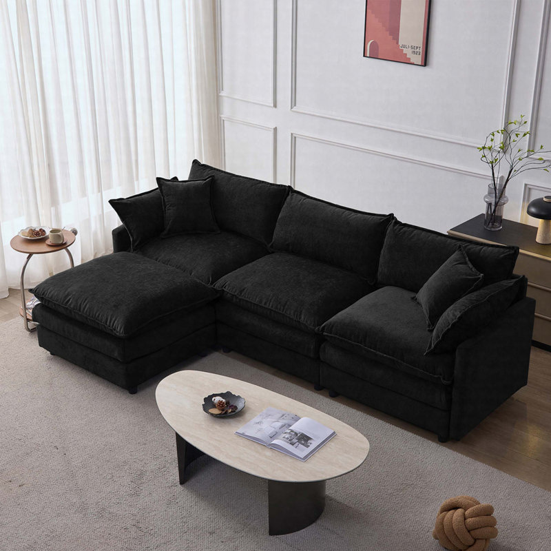105" Modular L-Shaped Sectional Sofa With Ottoman, Soft Chenille Upholstery, 3-Seater Living Room Couch, Black