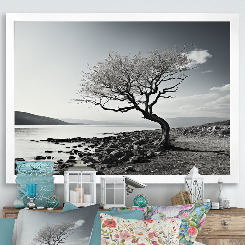 Magnifique arbre en noir et blanc, photographie de lac - art mural lac, H 30 po x l 40 po x P 1,5 po, Cadre blanc