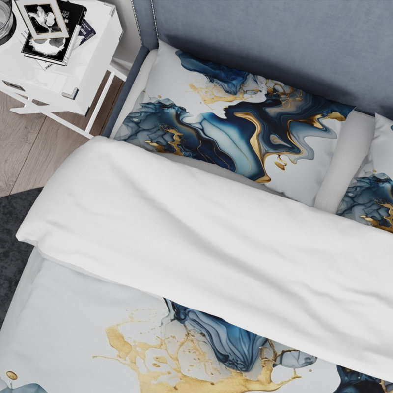 Ensemble de literie moderne de 4 - Géode abstraite marbre bleu I avec taies décoratives et coussins décoratifs