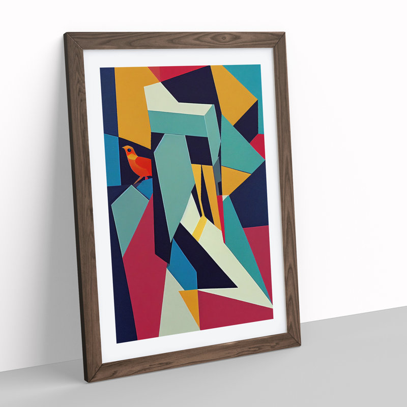 Abstract Bird Cubism - Single Picture Frame Print, Walnut, 64cm H x 46cm W x 2cm D