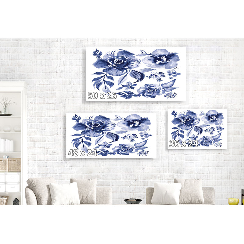 Aquarelle de fleurs bleues, sur fond blanc, indigo, baies, H 16 po x l 24 po x P 1,5 po