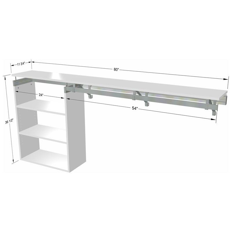 Tablette simple à suspendre avec casier, Blanc, 36,50 po x 80 po x 12,25 po
