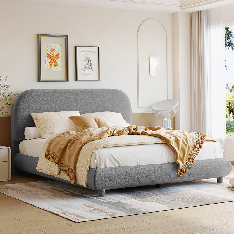 Lit plateforme tapissier avec tissu épais, structure solide et design élégant en forme de courbe, gris, Double