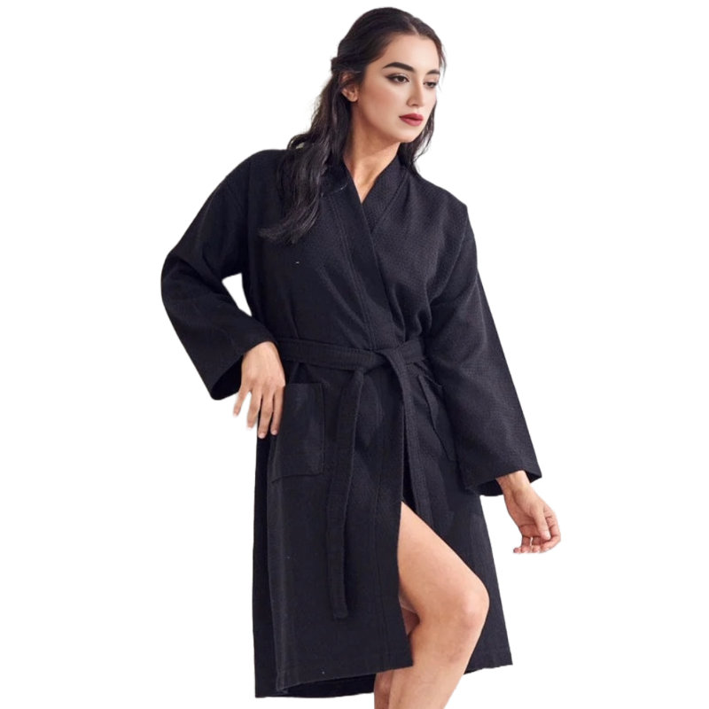 Peignoir mi-mollet 100% coton gaufré avec poches, Noir