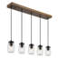 Suspension linéaire Paoli à 5 lumières en faux bois avec abat-jour en verre bocal pour intérieur sec