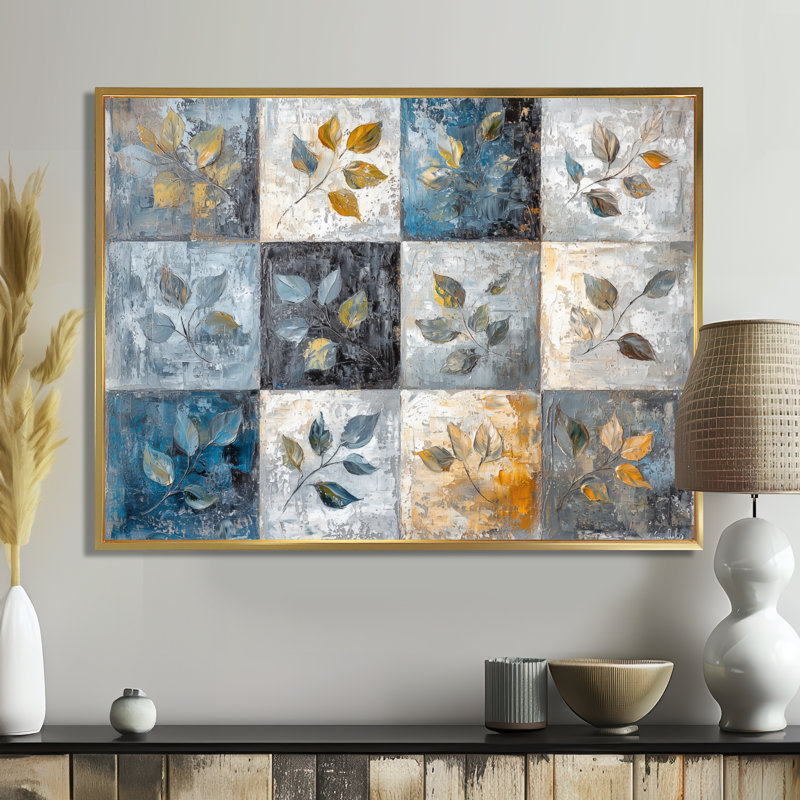 Jacksyn contrastant des carreaux de Boho III - Boho Tiles, art mural, H 34 po x l 44 po, Impression encadrée flottante, Doré