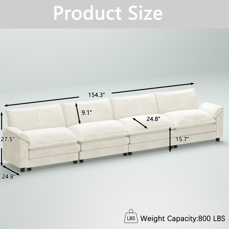 154" Ultra long Chenille modern combination low foot sofa, Can be split, Combined, White Chenille