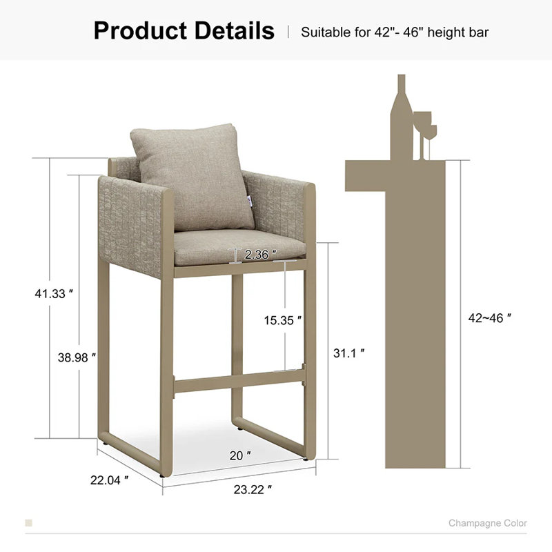  Tabourets de bar d'extérieur modernes à tissage en oléfine avec coussin de dossier, Kaki, Kaki