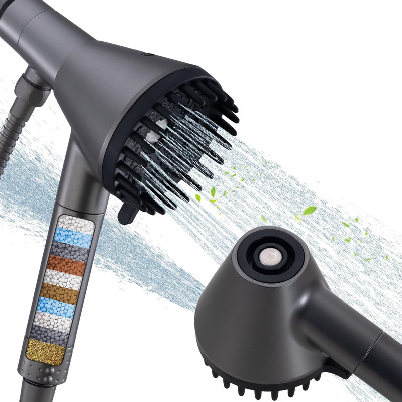 Magnetic Handheld Shower Head With Filter, 6 Mode High Pressure Chlorine Removal, Massage Brush, Pressure Adjustable, One-Touch Pause & Stainless Steel Hose