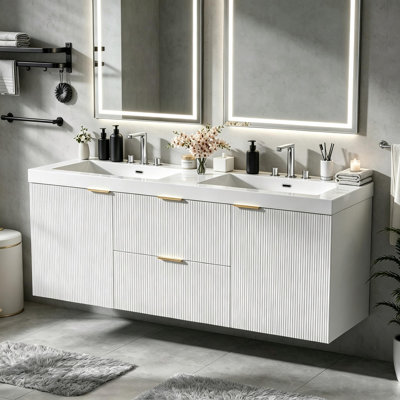 59.3 Inch Double Sink Bathroom Vanity with SMC Resin Top and Painted MDF Cabinet, Wall-Mounted Modern Storage Vanity with Soft Close Doors and Divided Drawers
