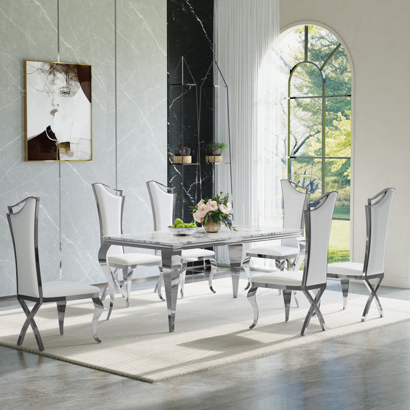 7-Piece Modern Dining Set with Faux Marble Table and Upholstered Chairs – Velvet & PU Options, Stainless Steel Legs, Seats 6