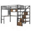 Lit mezzanine double avec lumière DEL et station de charge, lit mezzanine en métal avec bureau et escalier, lit mezzanine avec garde-robe-1407358010