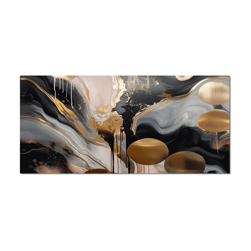 Marbre gris et doré captivant - art abstrait sur toile marbrée, Toile tendue, H 28 po x l 60 po x P 1,5 po, Sans cadre