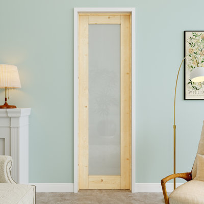Porte pré-suspendue intérieure en bois de pin et verre givré 1-Lite 18 po x 80 po avec charnières argentées, dalle de porte d'intimité en verre, à peindre et imperméable, combinaison pour la lessive, portes de placard, portes de chambre, main gauche