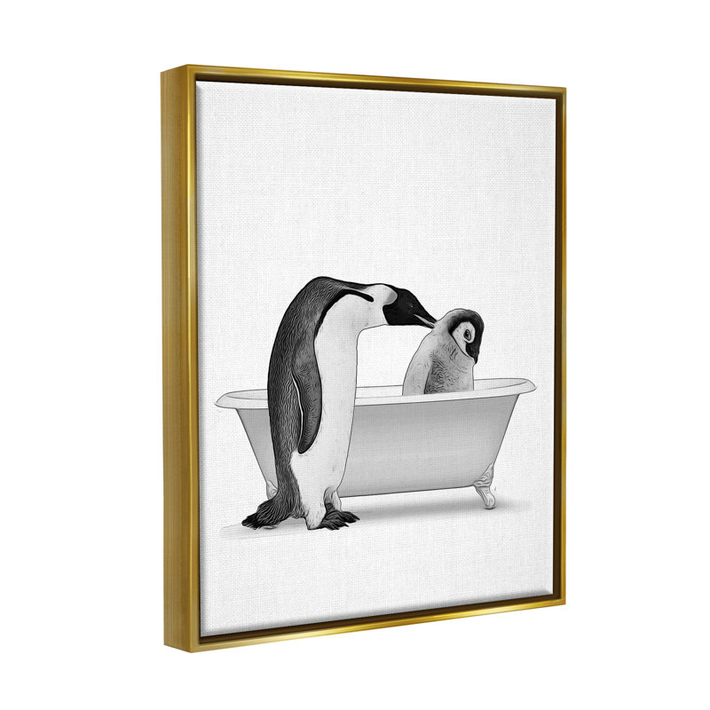 «Penguin & Chick Bathroom Tub» par Annalisa Latella, impression, H 31 po x l 25 po x P 1,7 po, Cadre flottant métallique doré