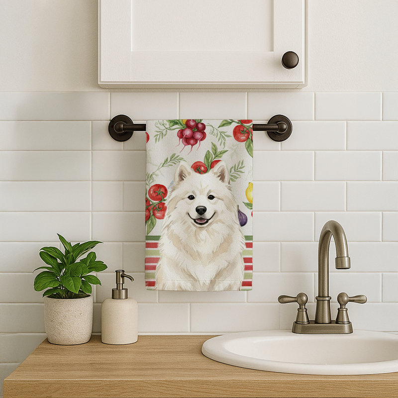 Cream Samoyed Vegetables Kitchen Towel, Cream Samoyed