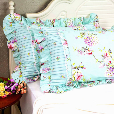 Vintage Lace Ruffle Pillowcases - Rose & Hydrangea Blue Stripe - Farmhouse Style Bedding - Elegant Country Decor - 100% Cotton - Standard Size 19" x 29"