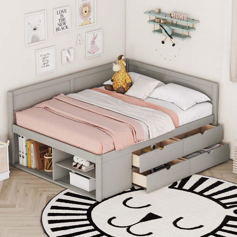 Lit de jour avec tiroirs et tablettes, Gris, Lit double