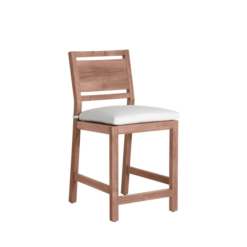Tabouret de bar extérieur en teck Avondale, Welt + bourre standard, Blanc naturel Availa, Teck naturel