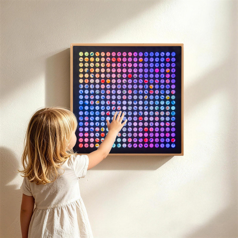 Panneau sensoriel tactile en marbre avec billes de verre – Cadre en bois, télécommande DEL couleur