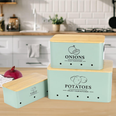 Kitchen Vegetable Storage Set Of 3, Metal Onion Garlic Potato Storage Set, Kitchen Canisters Vegetable Keeper Containers With Aerating Holes And Wooden Lid, Sage Green