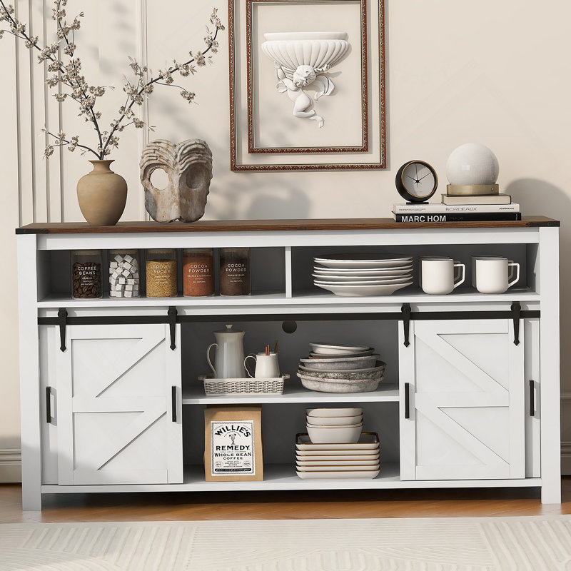 Accent Cabinet, Sideboard With Sliding Barn Door, Farmhouse Buffet With Open Storage For Living Room, Hallway,Kitchen, Office