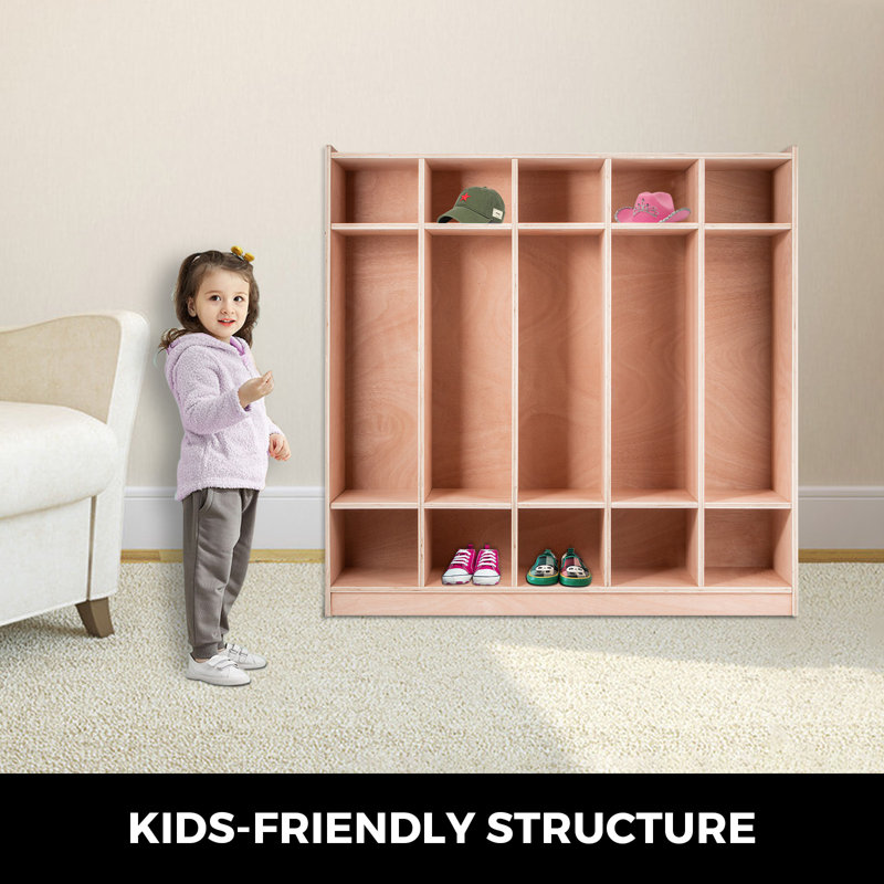 Natural Birch Plywood 5-Section Preschool Coat Locker with Storage Bins