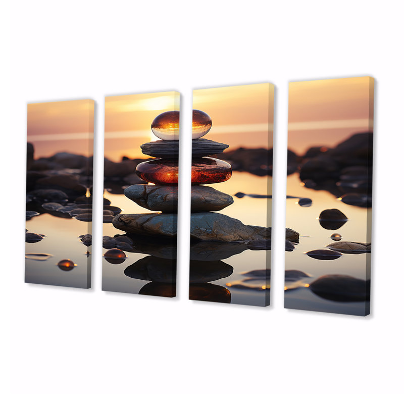 Sunset River Rock Zen Canvas Wall Art Set