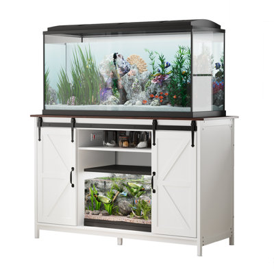 Farmhouse 55-75 Gallon Fish Tank Stand with Power Outlet, Aquarium Stand with Storage Cabinet and Sliding Barn Door, Heavy Duty Reptile Tank Stand, for 2 Tanks, 1000LBS Capacity