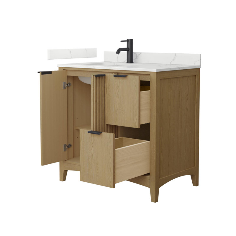 Palmilla 36" Freestanding Single Bathroom Vanity with Quartz Top, Brushed Nickel, Beige, White Quartz