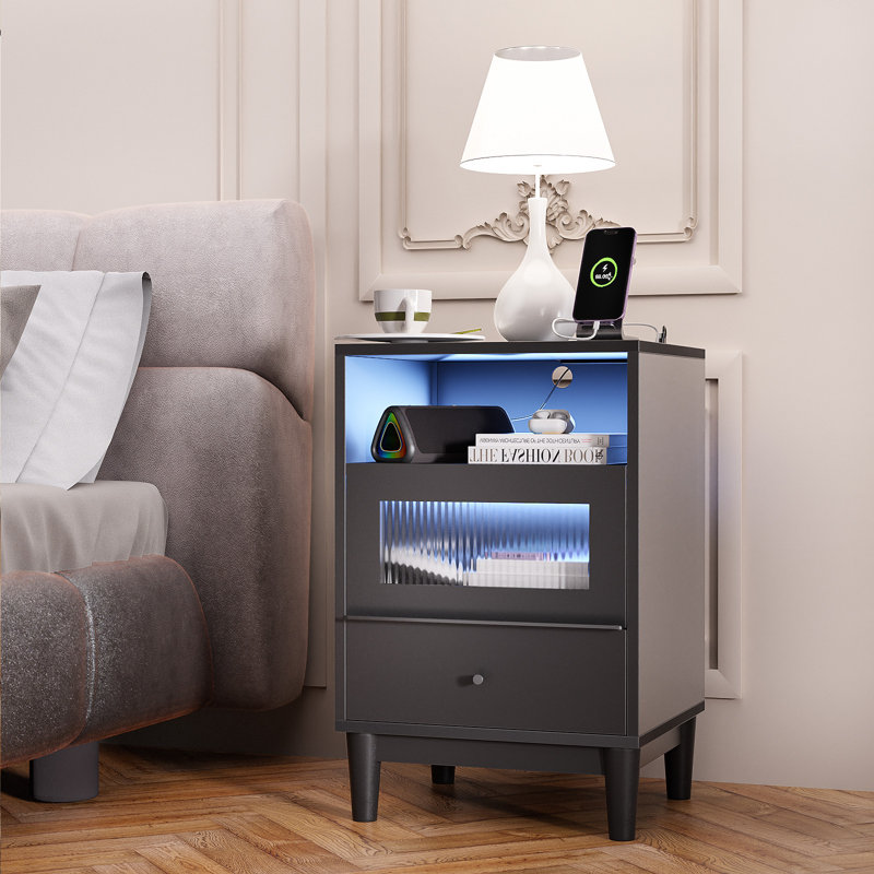 Table de chevet avec DEL, station de charge et ports USB, table de bout avec tiroirs en verre, table de chevet moderne ultrabrillante avec lumière, 15,7 po x 13,7 po x 23,8 po