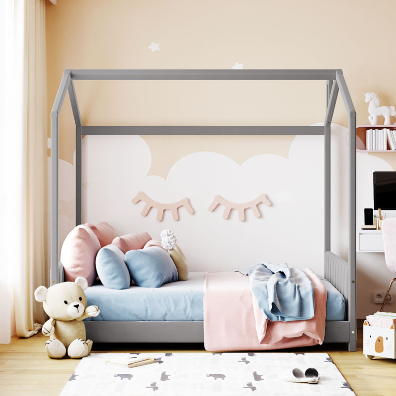 Full Size Velvet House Bed Wood Bed, Gray, Full