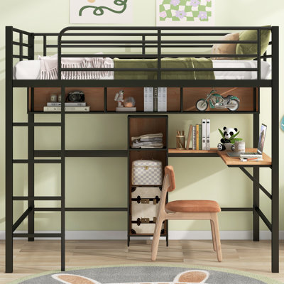 Lit mezzanine double en métal et en bois noir et brun, construit pour une utilisation prolongée, tablettes de bureau en L, espace sous l'espace, garde-corps, aucun sommier requis