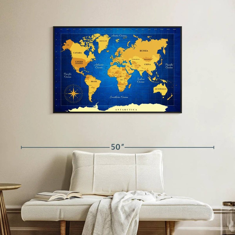 Carte du monde jaune, Cadre flottant noir, 40 po x 27 po