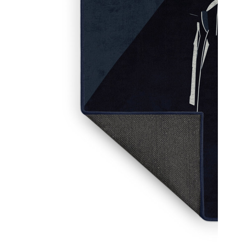 Soft Plush Dunkle Black Knight Modern Area Rug in Gray – Navy Binding, 7x9