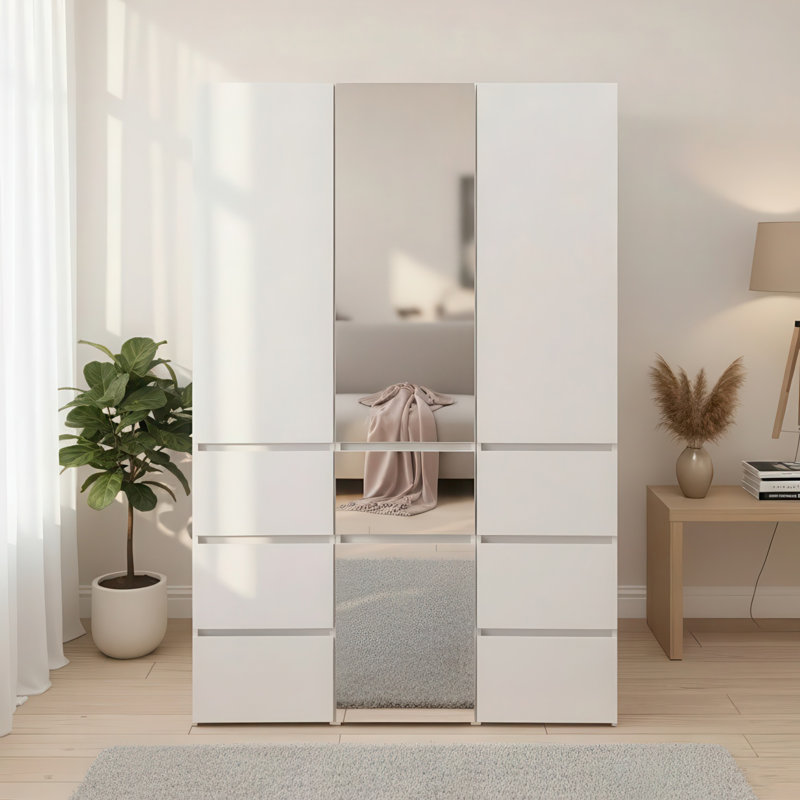 Marsden Modular Wood Closet System With Mirror In White, 70.9" H x 47.1" W x 17.7" D