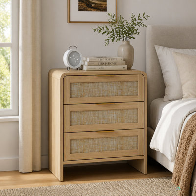 Table de chevet en rotin avec 3 tiroirs, table de chevet en bois de 22,8 po de largeur, rangement moderne pour la chambre à coucher